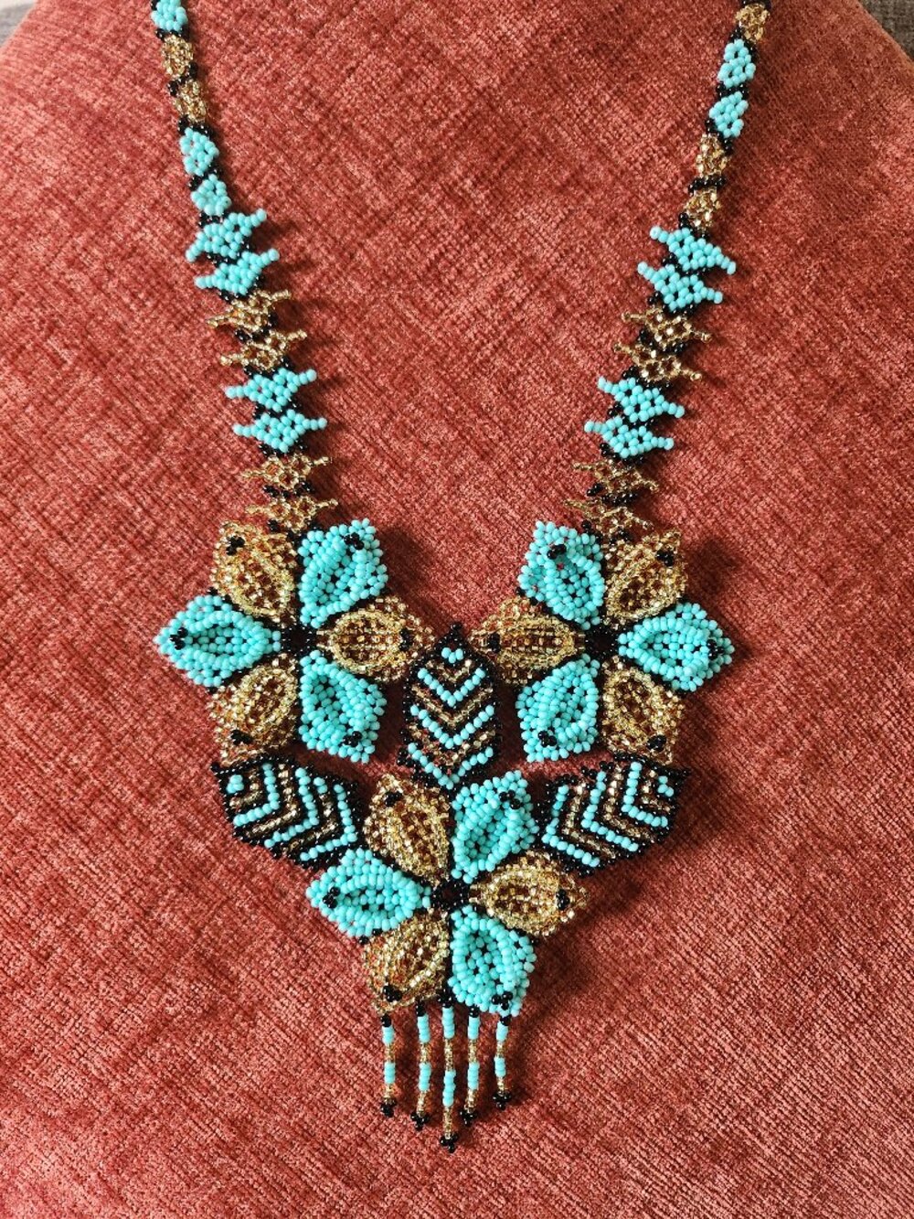 New Huichol Aqua Blue, Gold & Black 3 Flower Beaded Necklace Handmade